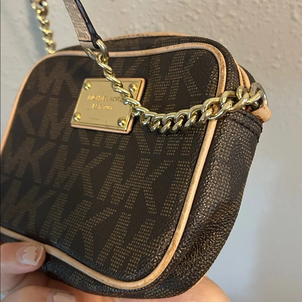 Michael Kors Brown Logo Crossbody with Gold Chain and Beige Trim